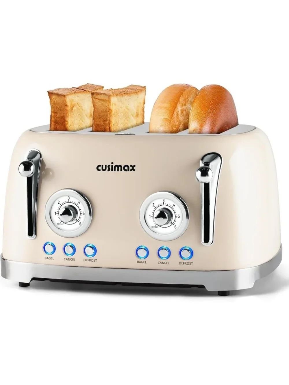 4 Slice Cream Stainless Steel Retro Defrost Toaster with Wide Slots for Bagels
